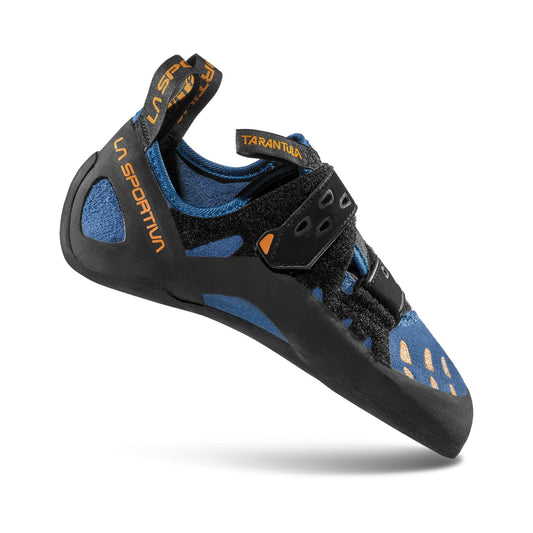 Black and blue climbing shoe with orange accents on a white background