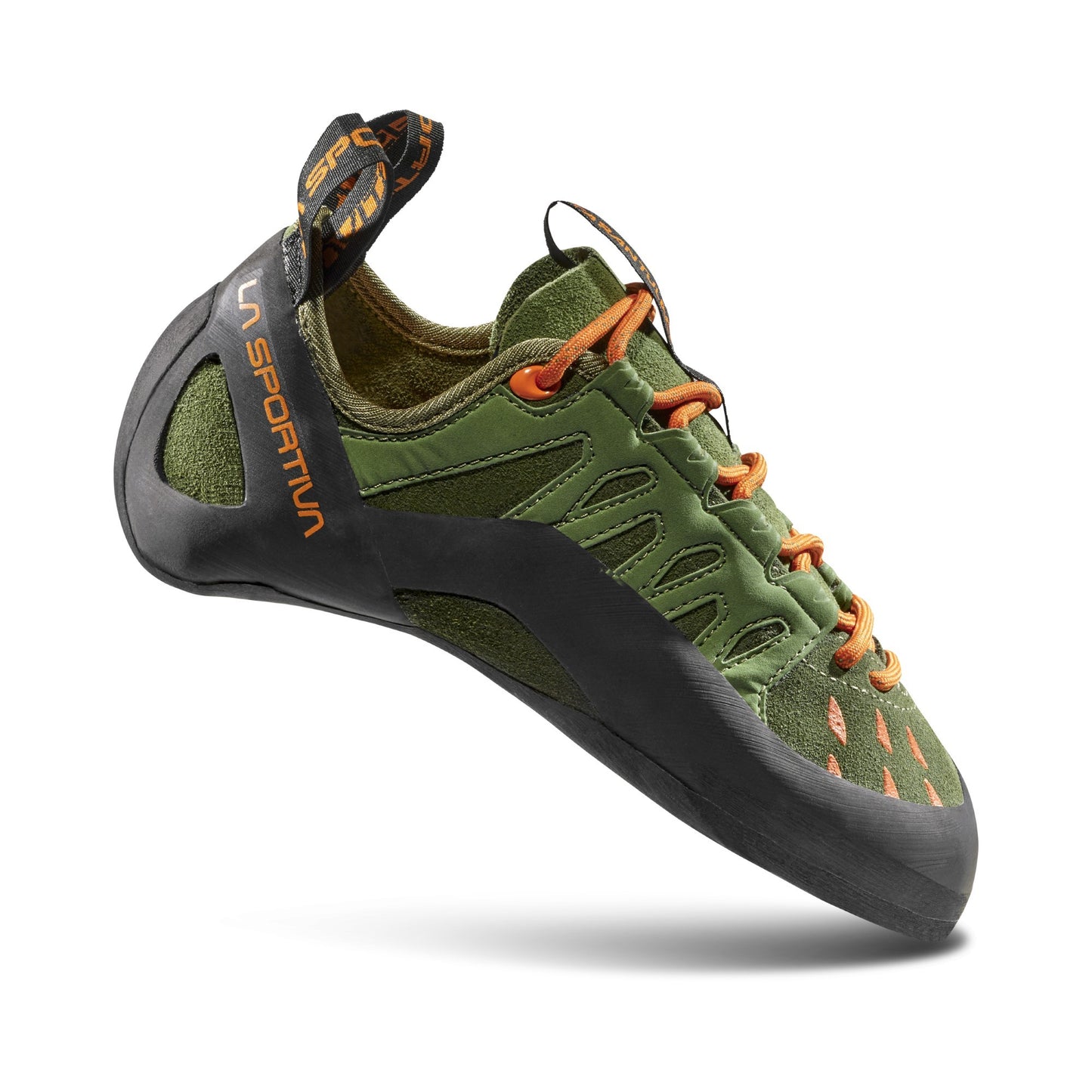 Green climbing shoe with orange accents on a white background