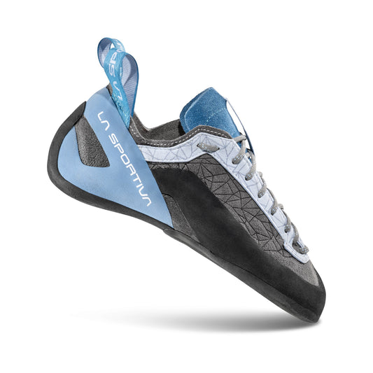 La Sportiva climbing shoe with blue and gray design on a white background