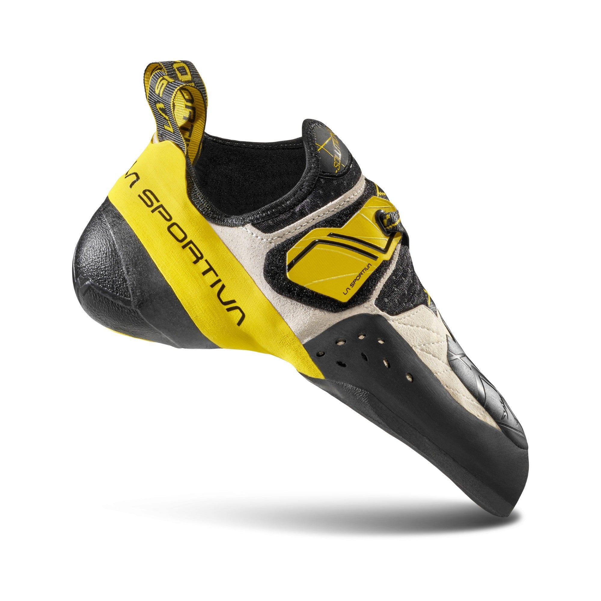 A single yellow and black climbing shoe with the text 'LA SPORTIVA' on the side, designed for rock climbing.