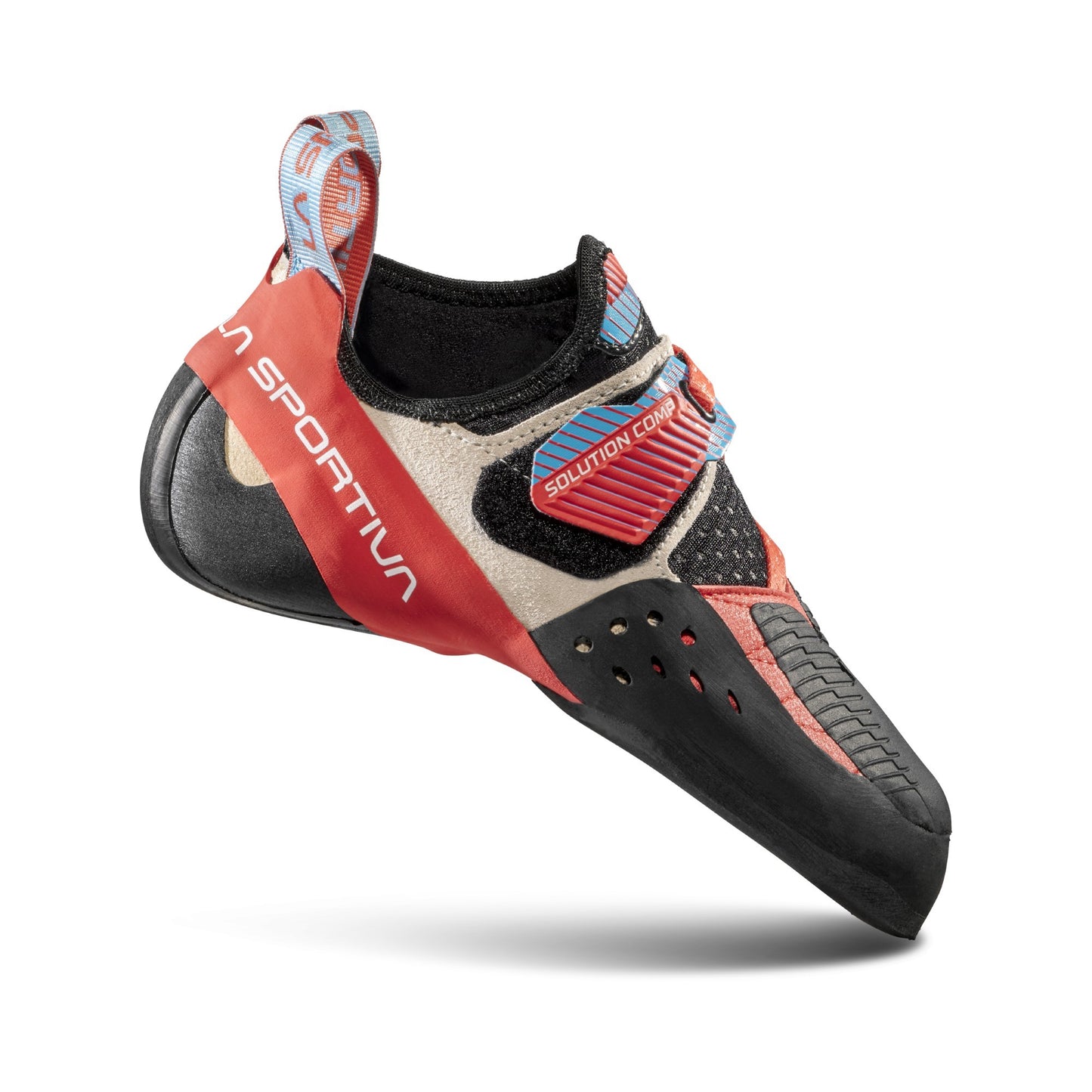 Climbing shoe with red and black design on a white background