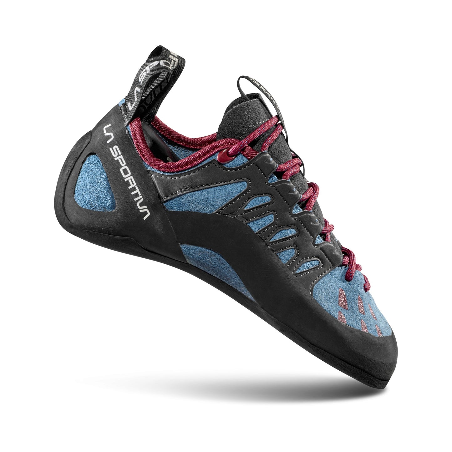 La Sportiva climbing shoe with black, blue, and pink design on a white background