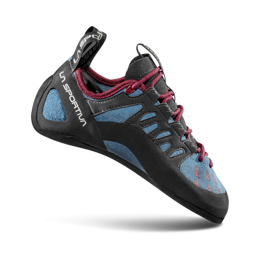 La Sportiva climbing shoe with black, blue, and pink design on a white background