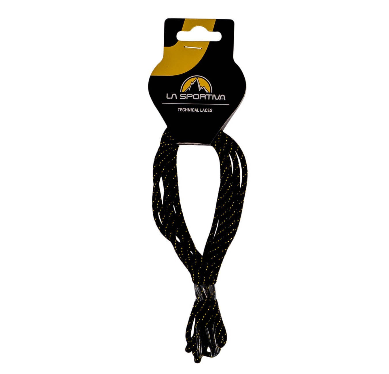 Black shoelaces on a white background with La Sportiva packaging.