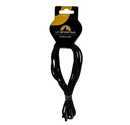 Black shoelaces on a white background with La Sportiva packaging.