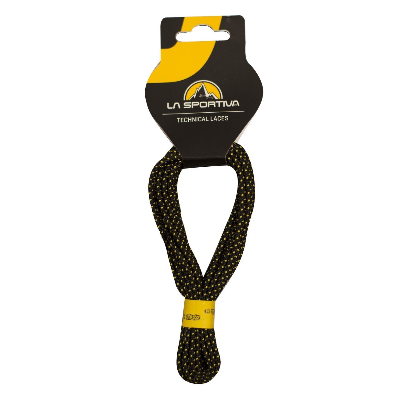 Black and yellow technical laces on a white background with La Sportiva branding.