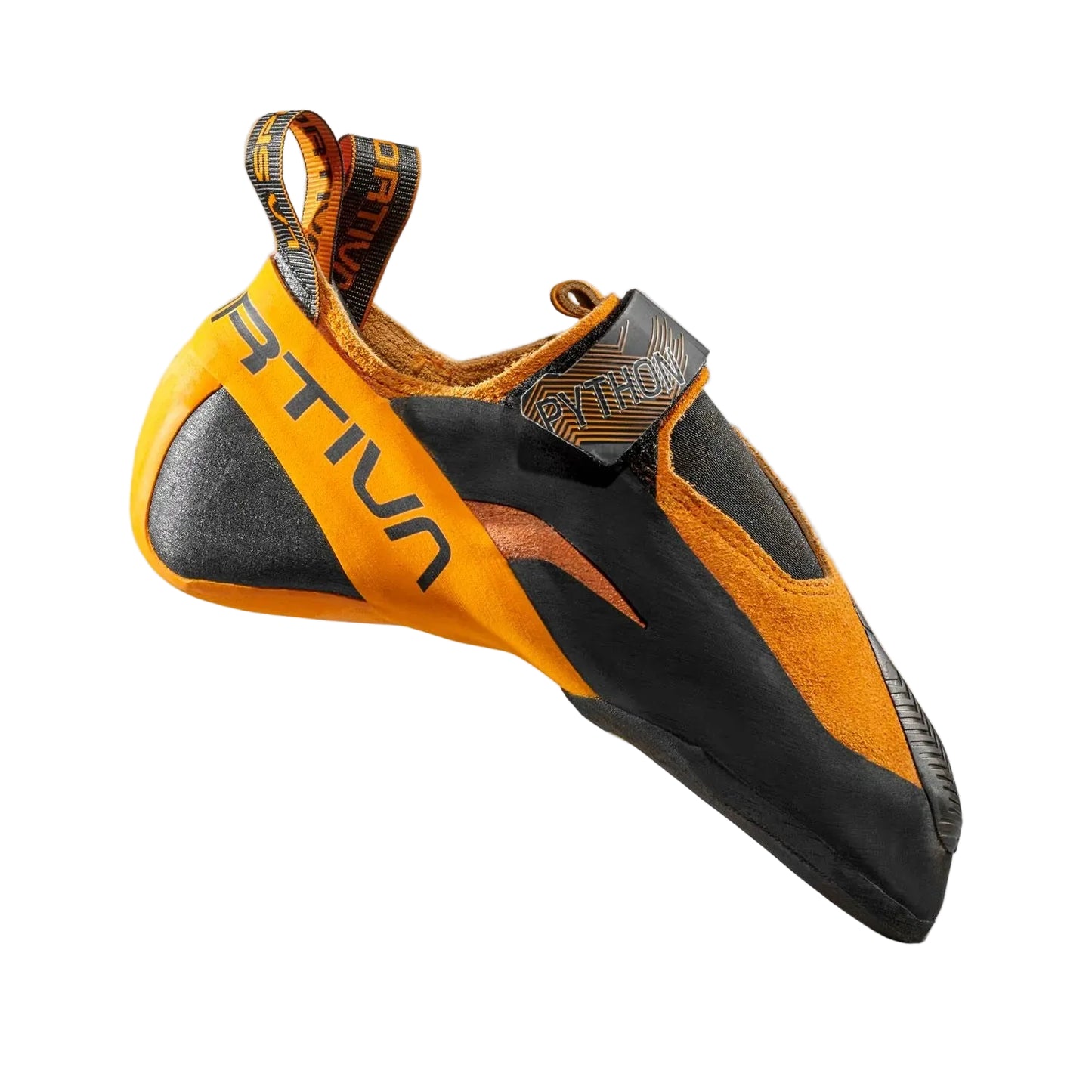 Orange and black climbing shoe on a light gray background