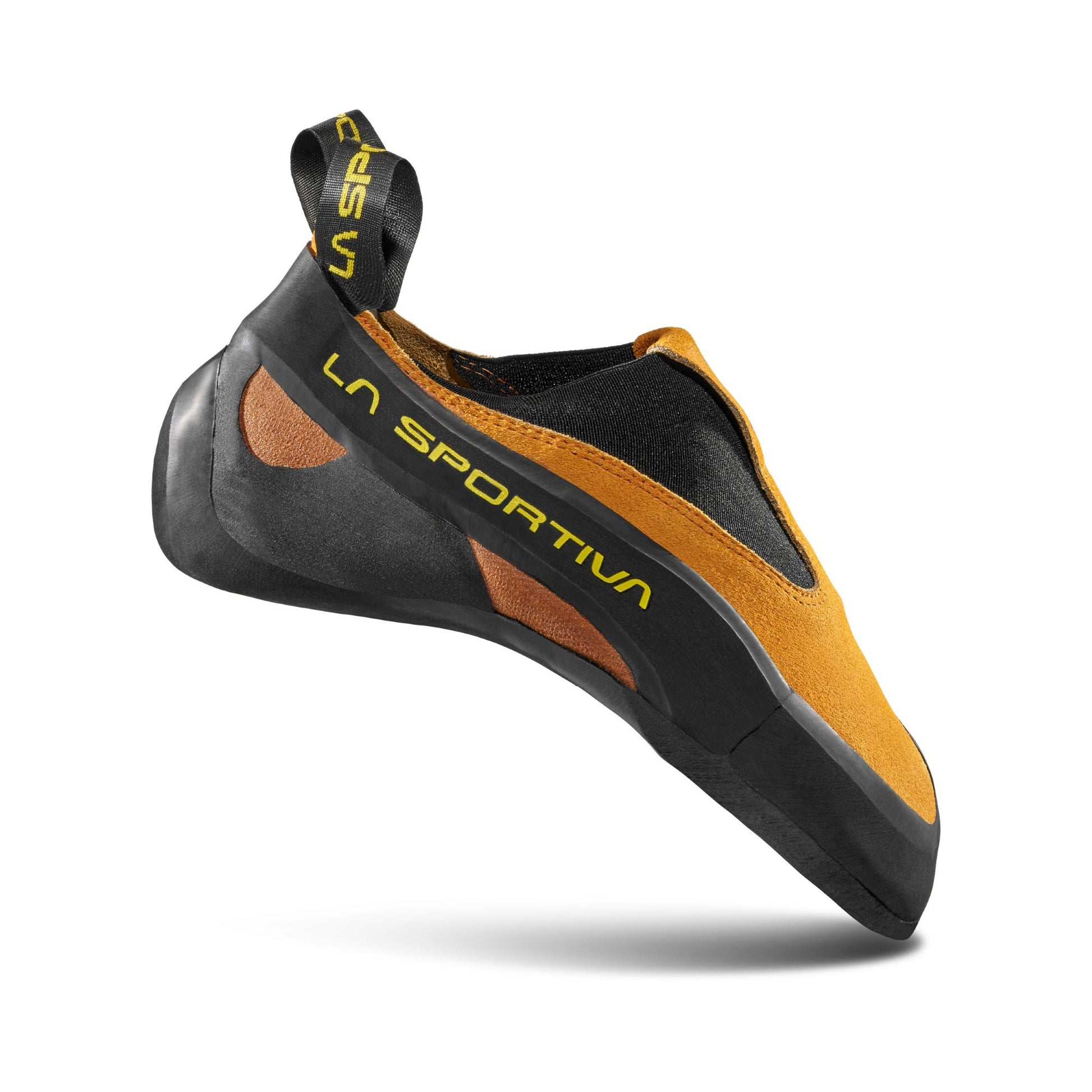 La Sportiva climbing shoe with black and orange design on a white background