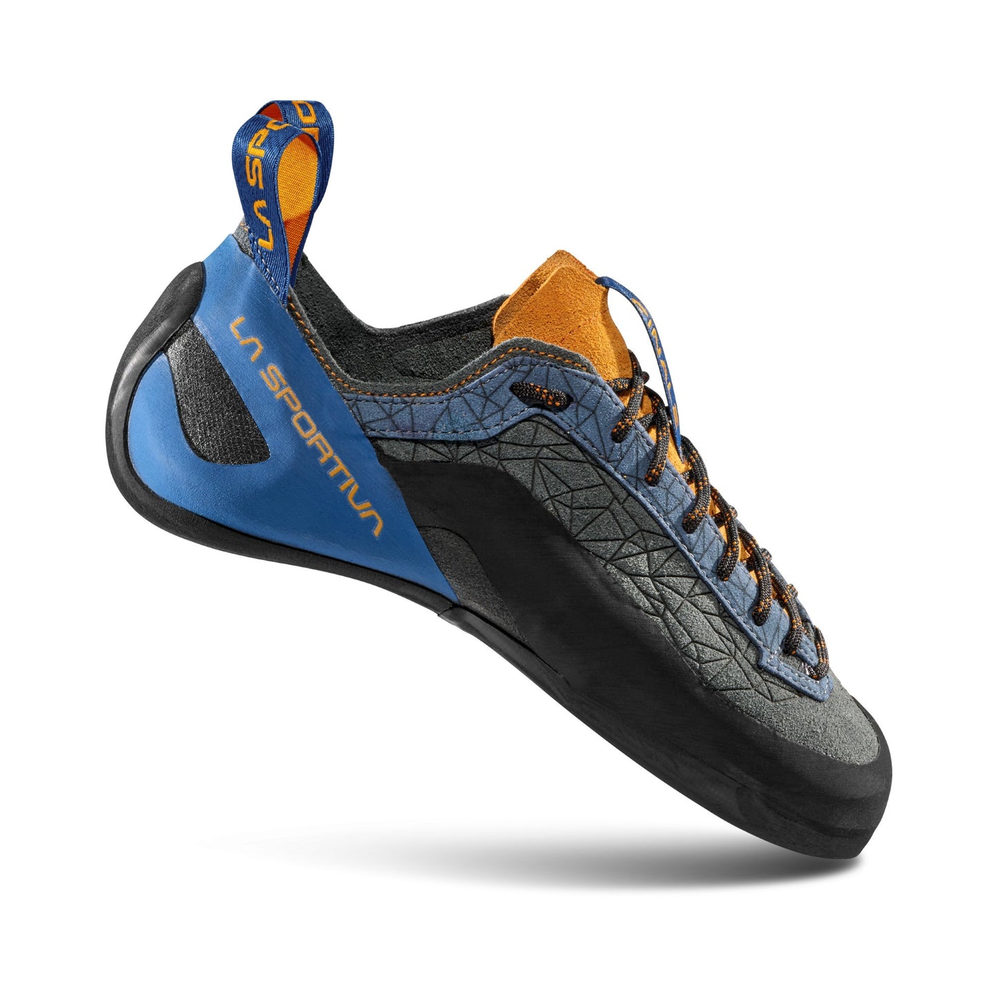 Blue and black climbing shoe with orange accents on a white background