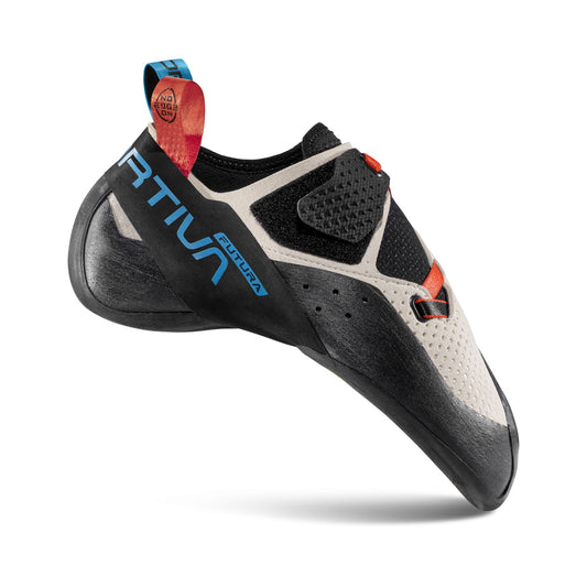 Black and gray climbing shoe with red accents on a white background