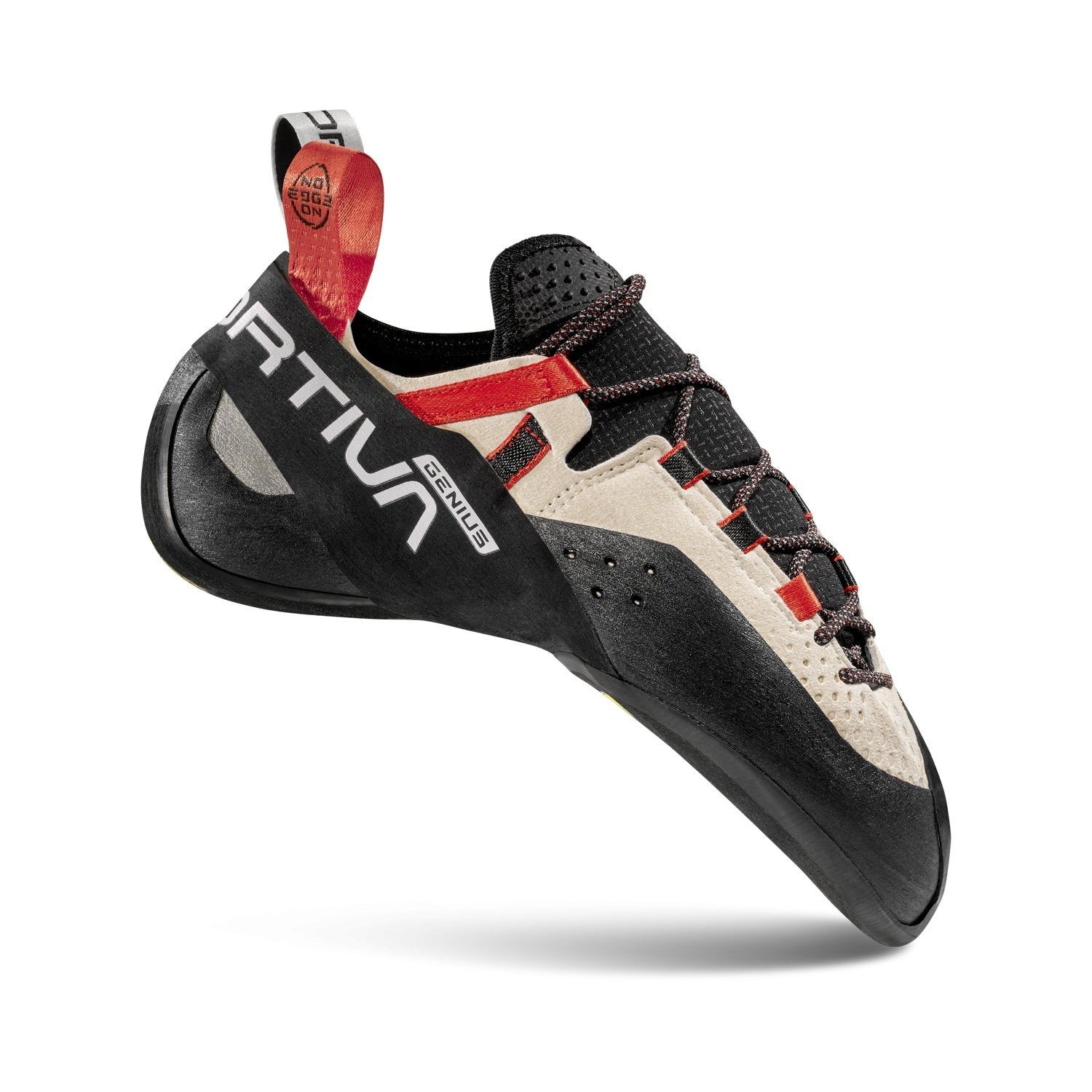 Black and beige climbing shoe with red accents on a white background