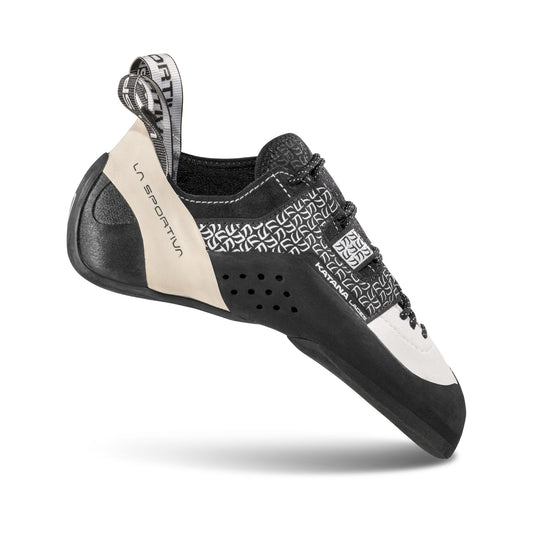 Black and beige climbing shoe with brand logo on a white background