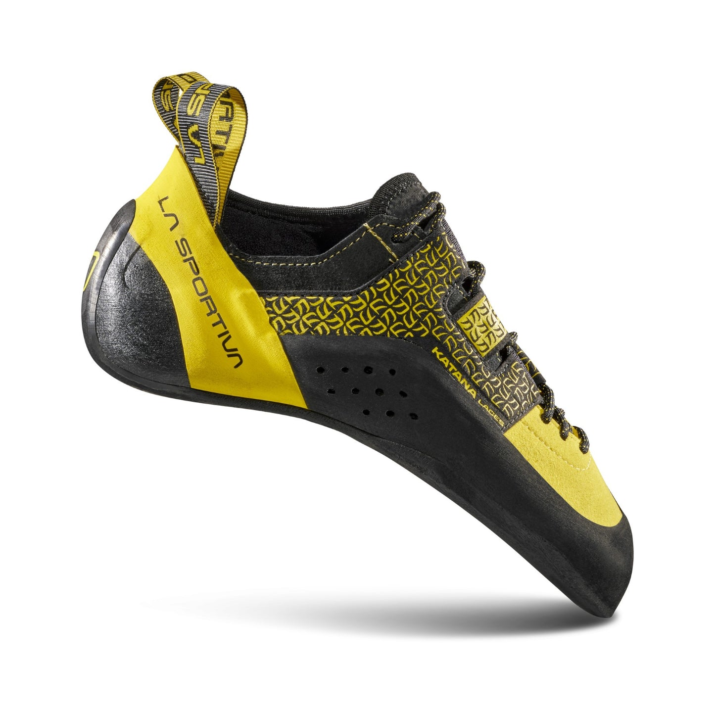 Black and yellow climbing shoe with 'La Sportiva' branding on a white background