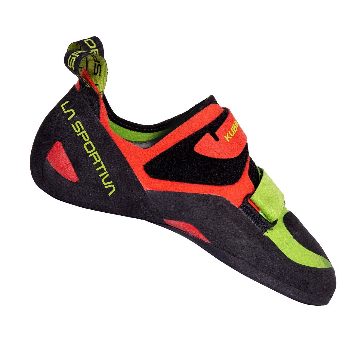 Black, red, and green climbing shoe with 'La Sportiva' branding on a white background