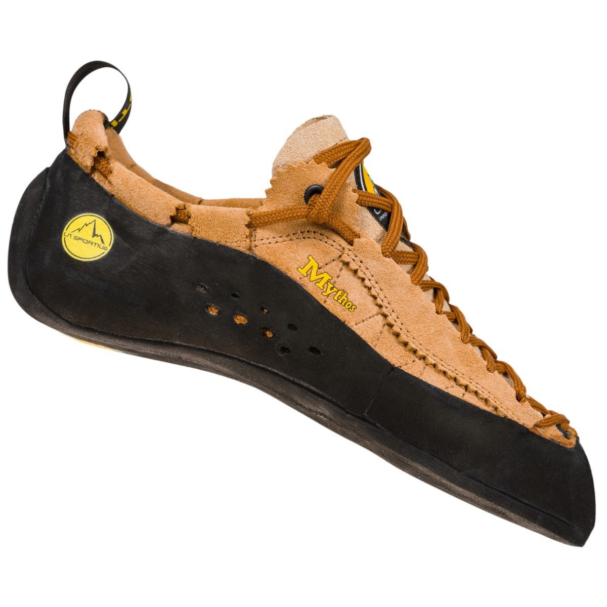 Climbing shoe with brown leather and black sole on a white background