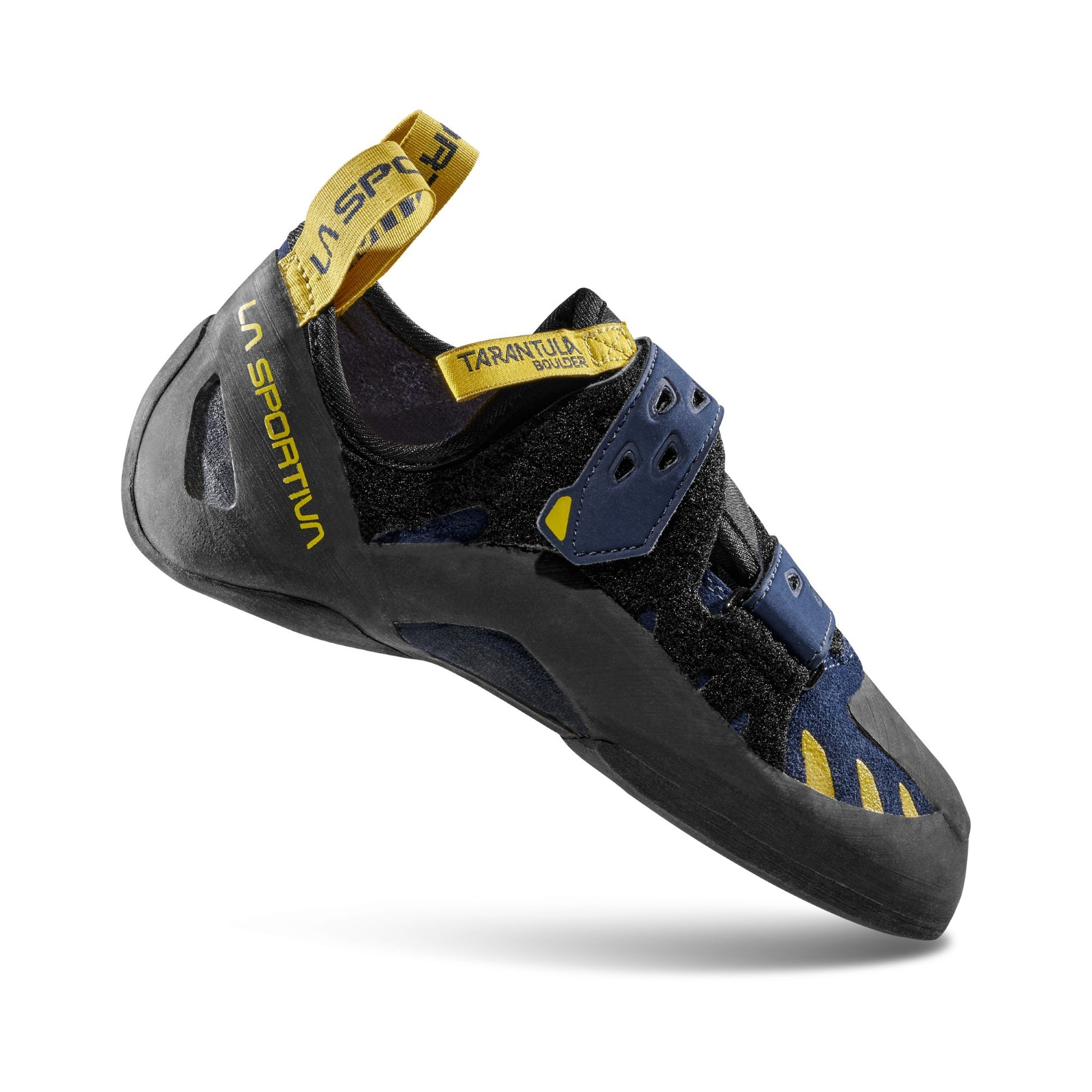 Black and blue climbing shoe with yellow accents on a white background
