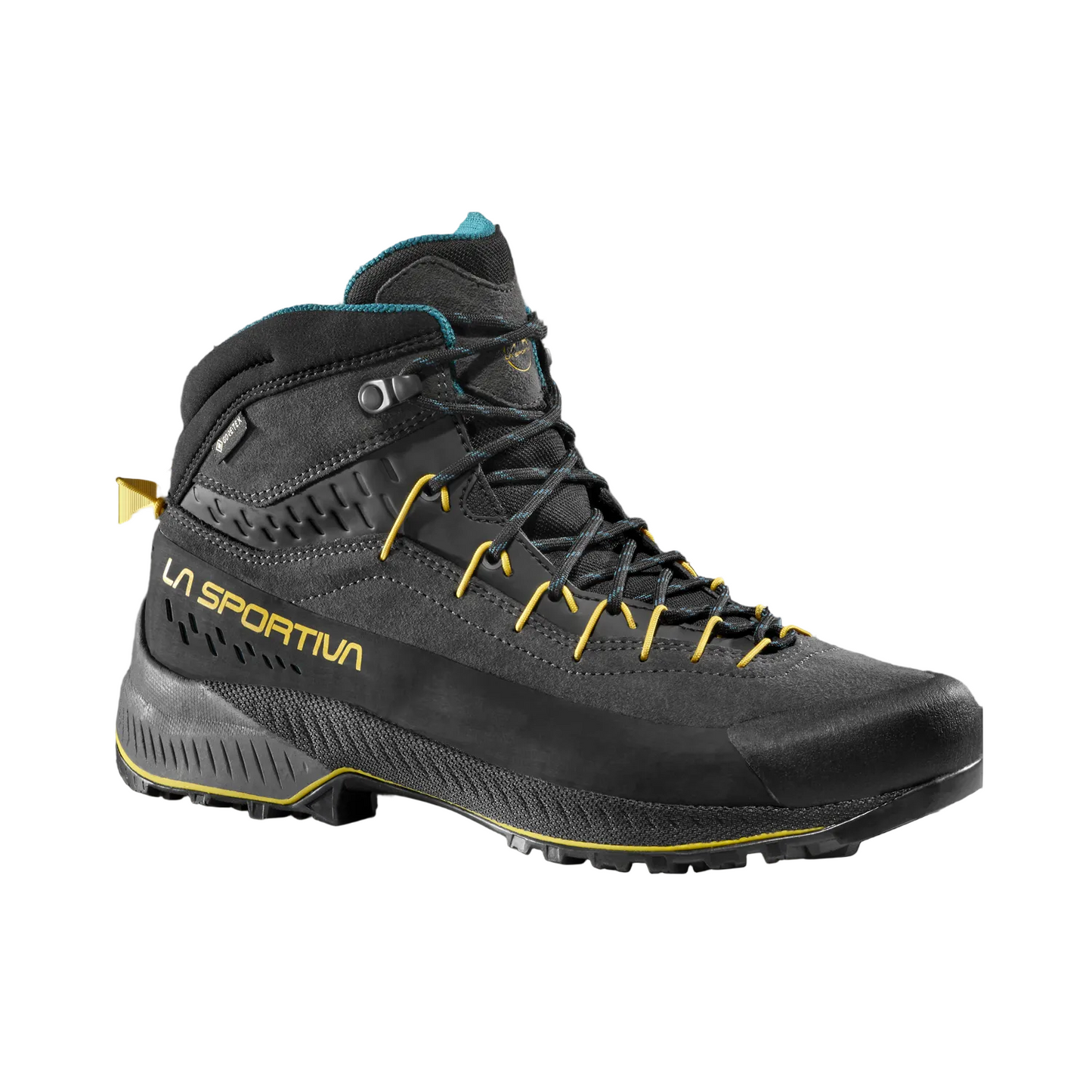 Black hiking boot with yellow accents on a white background