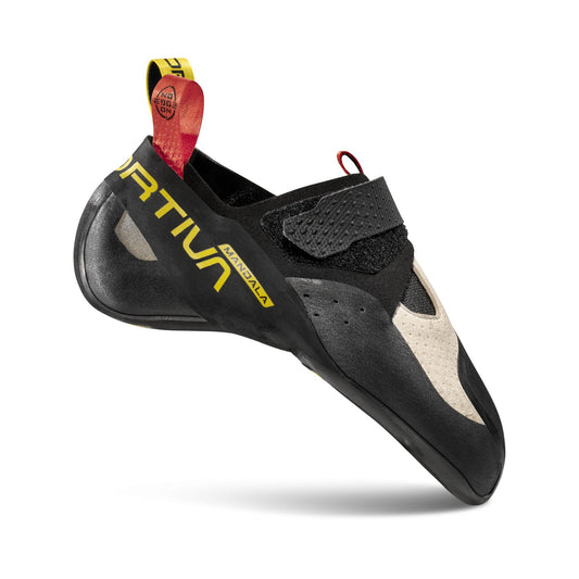 Black climbing shoe with yellow branding on a white background