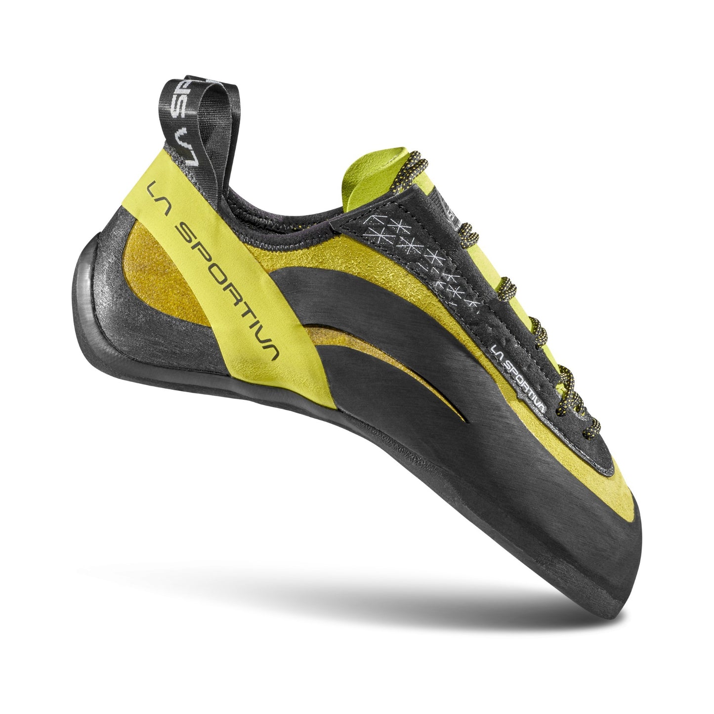 La Sportiva climbing shoe with black and yellow design on a white background