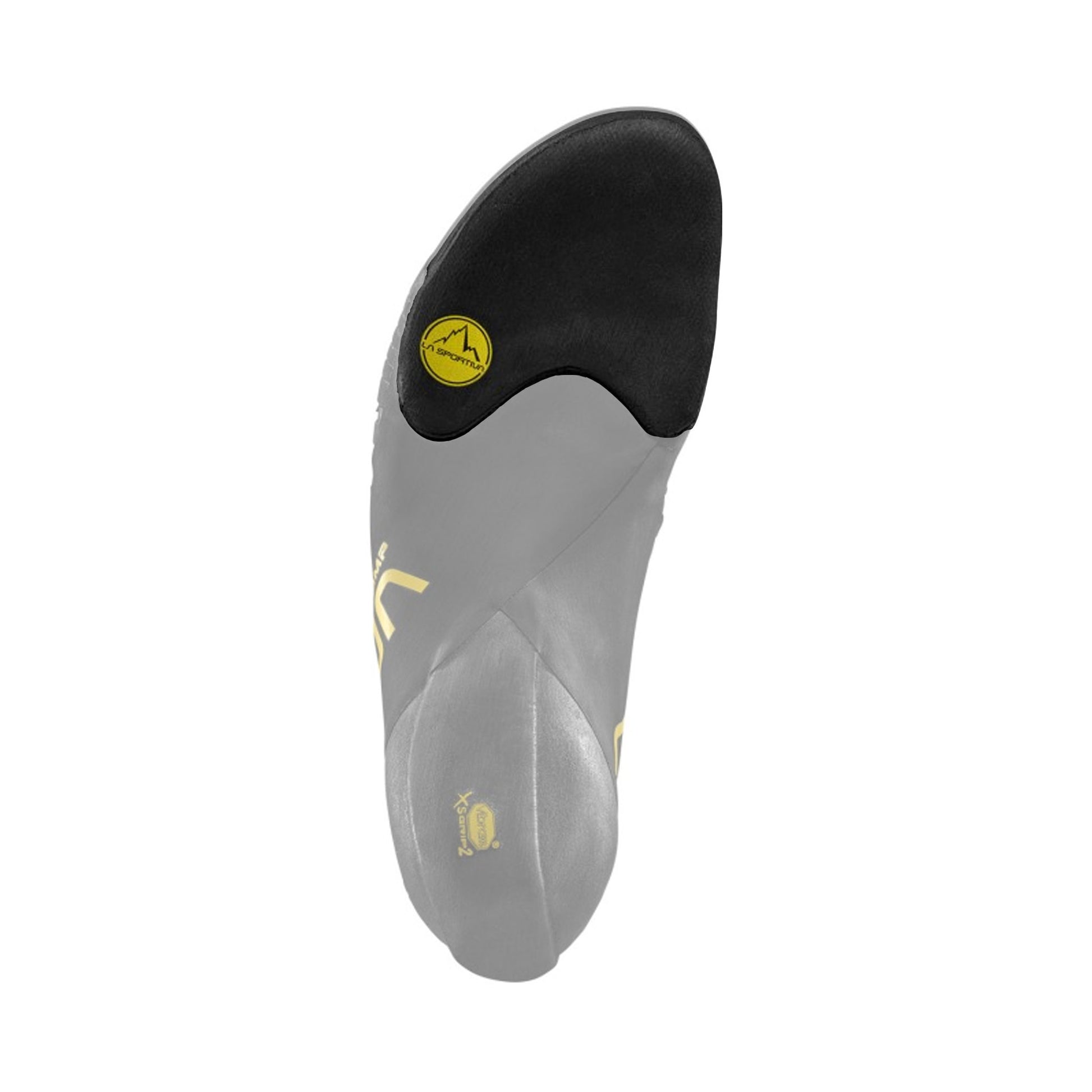 Gray and black shoe insole with a yellow logo on a white background