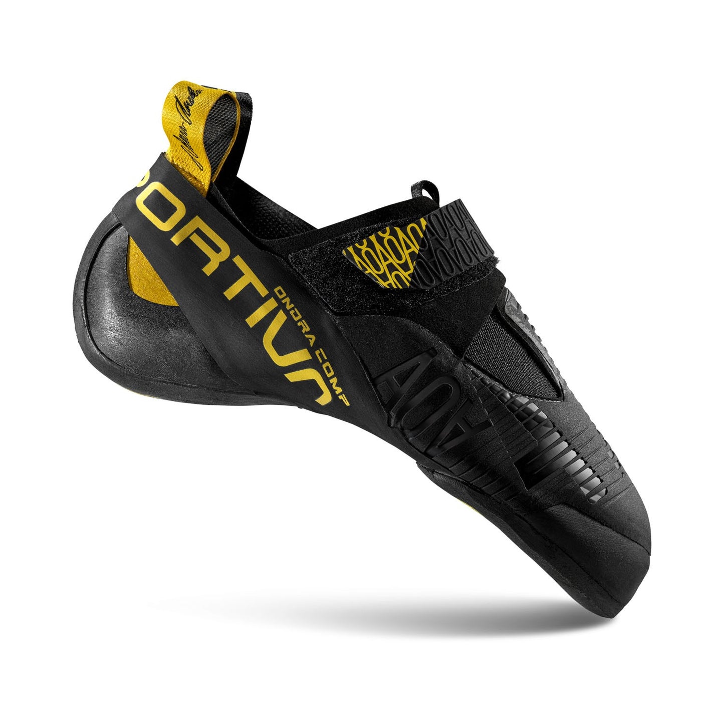 Black climbing shoe with yellow branding on a white background
