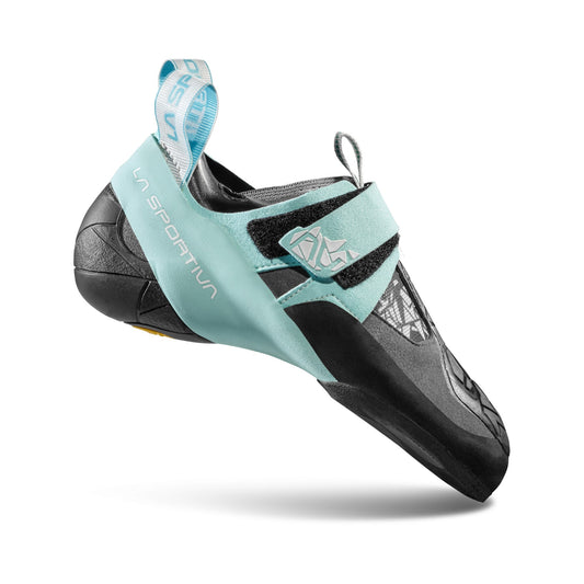 Teal and black climbing shoe with 'La Sportiva' branding on a white background