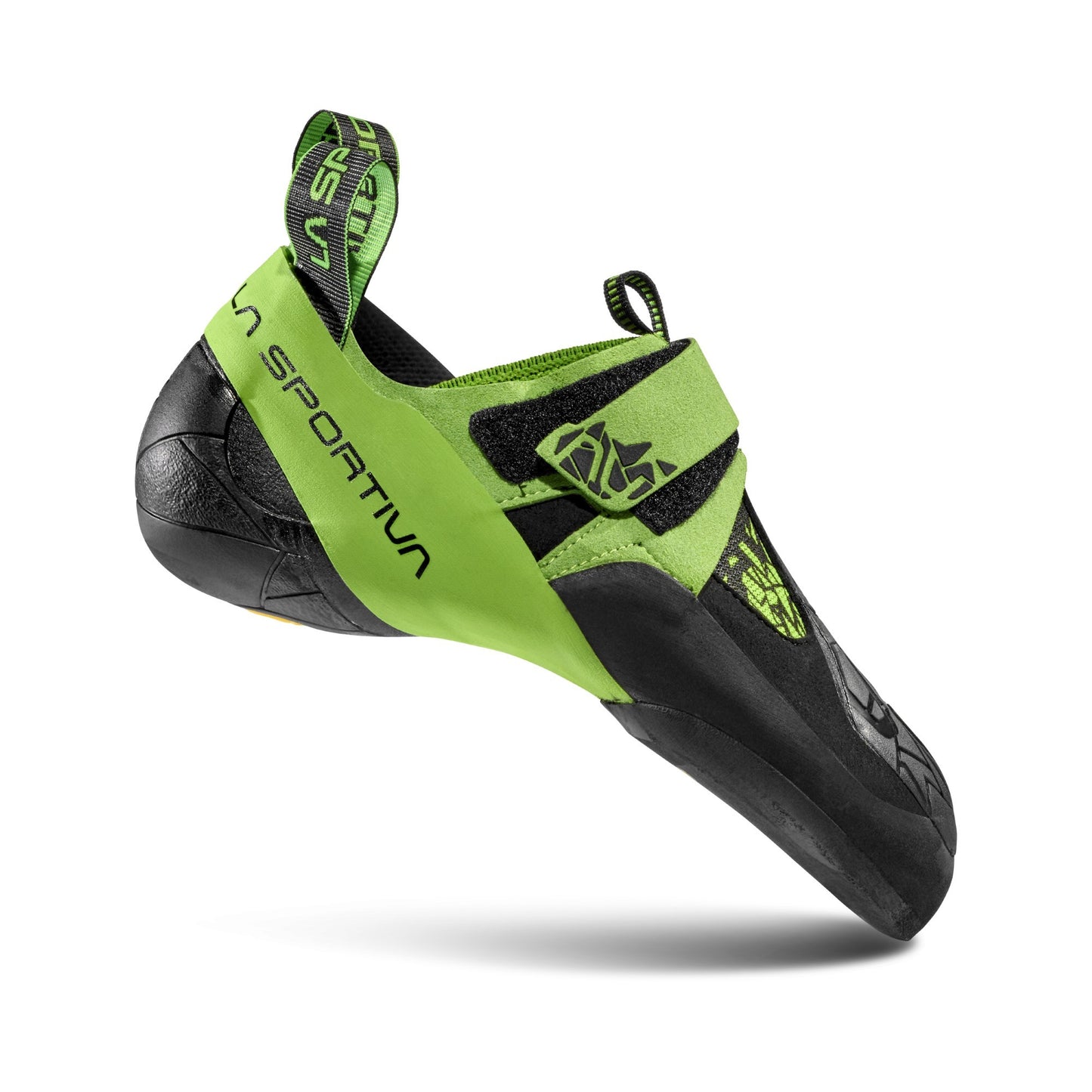 Green and black climbing shoe with Sportiva branding on a white background