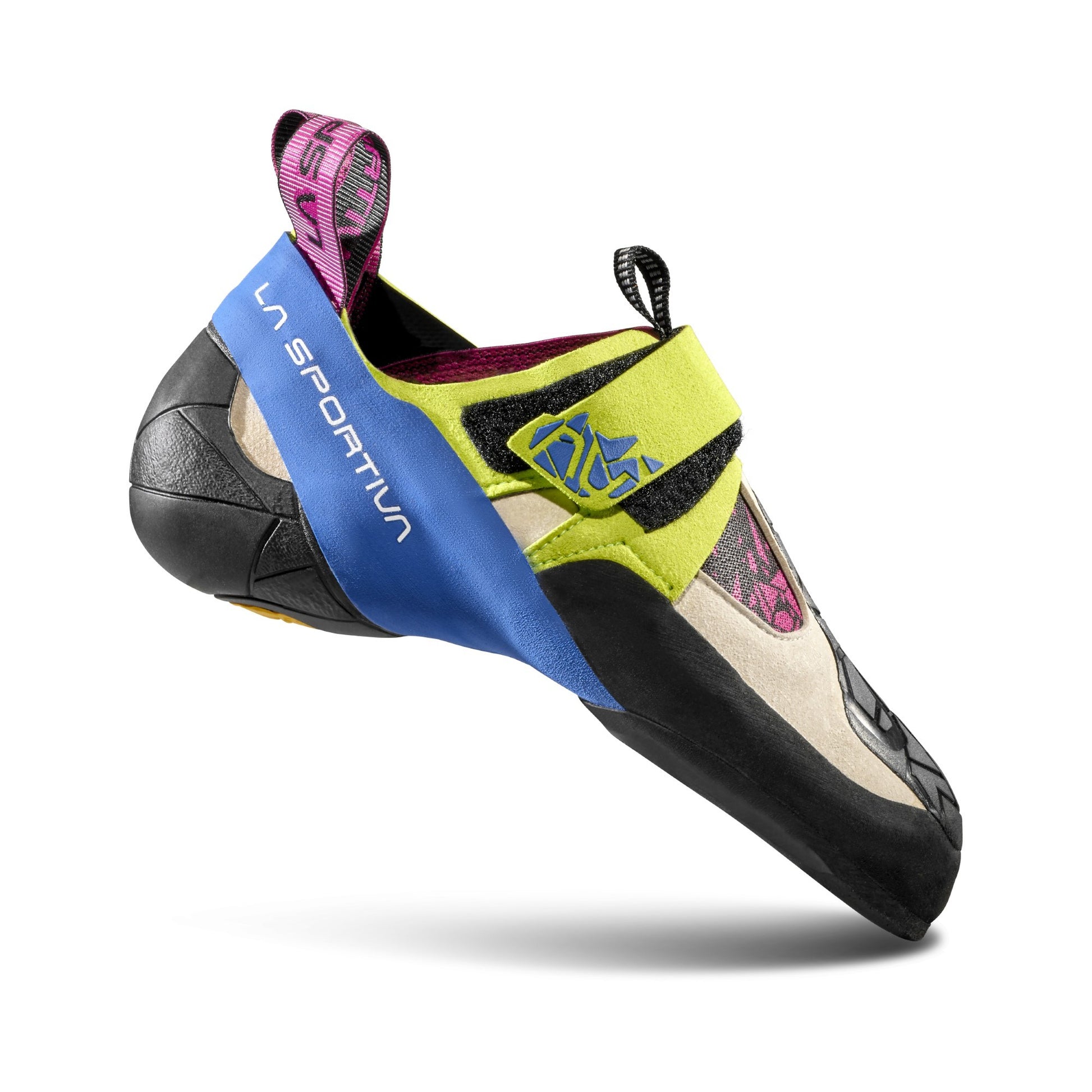 La Sportiva climbing shoe with blue, yellow, and black design on a white background