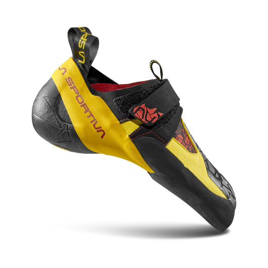 Black and yellow climbing shoe with red accents on a white background
