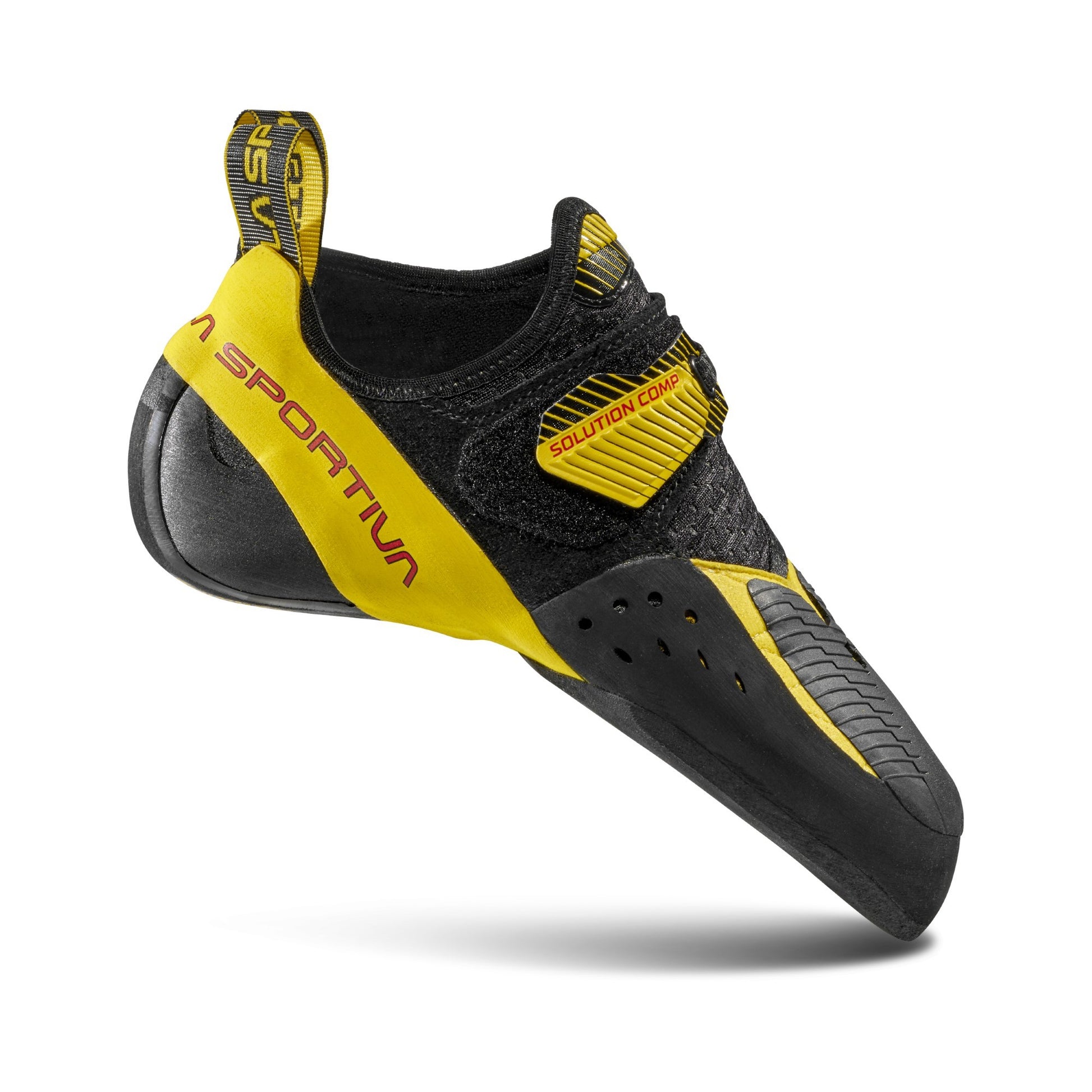 Black and yellow climbing shoe with 'Sportiva' branding on a white background