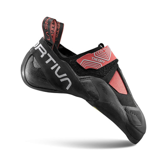 Black and red climbing shoe with 'Virtuun' branding on a white background