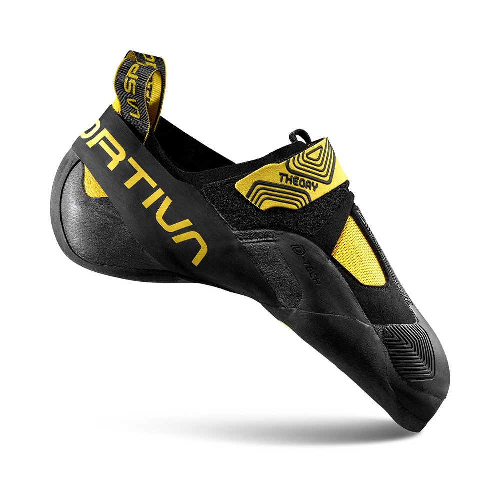 Black and yellow climbing shoe with 'La Sportiva' branding on a white background